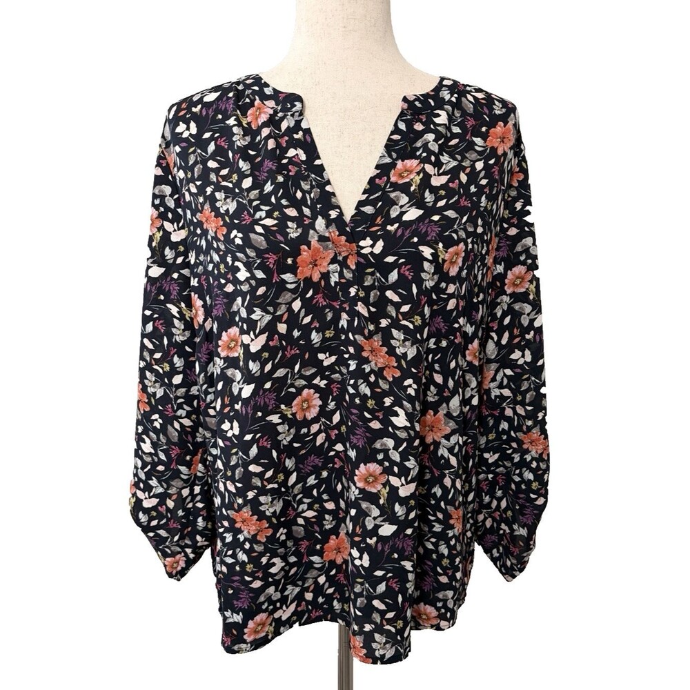 Stitch Fix Daniel Rainn Womens Size L Navy Floral Blouse Flowy Long Sleeve